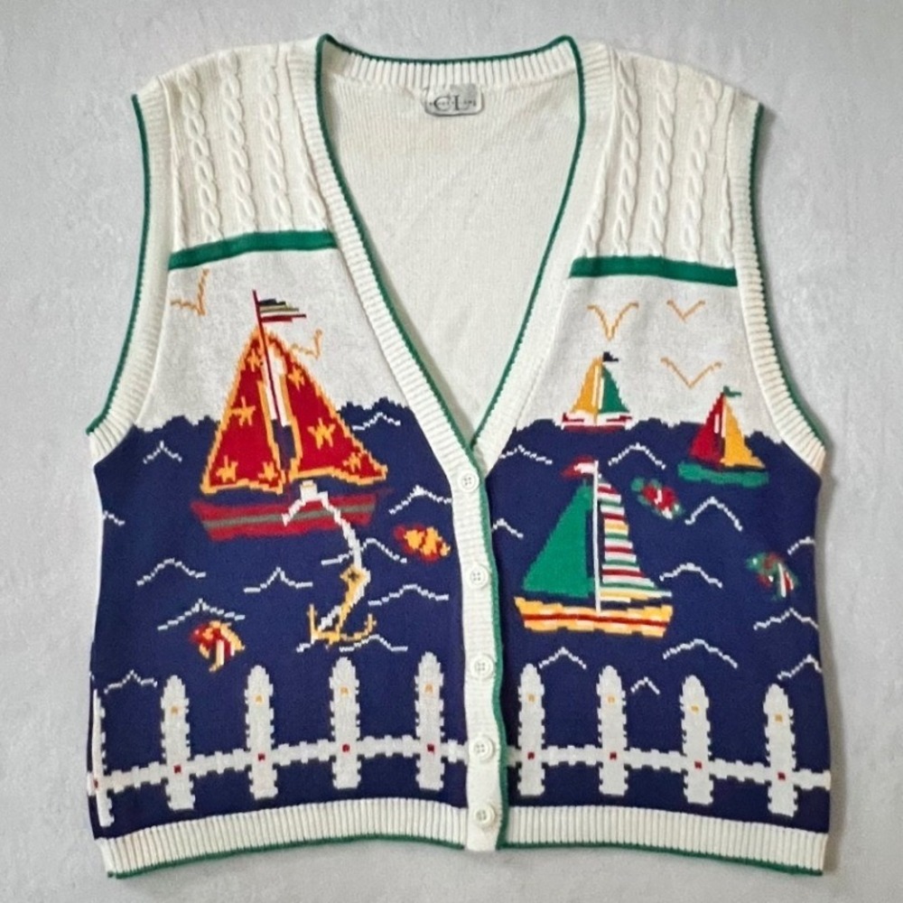 Cricket Lane Sweater Vest White Blue Nautical Sailboat Knit Button Front XL
